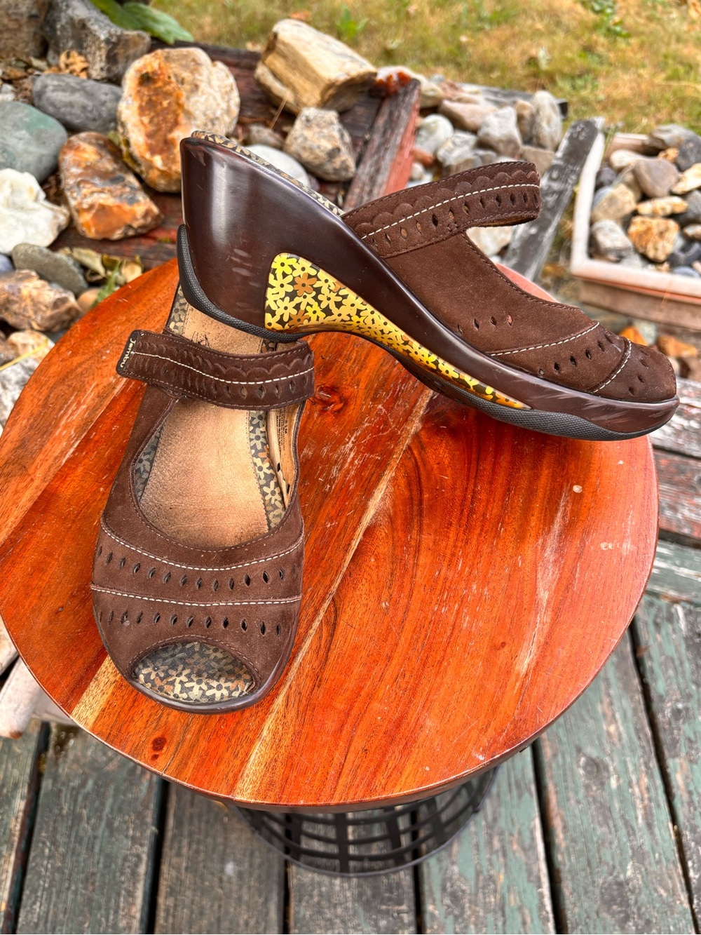 Jambu Brown Suede Mary Jane Wedges with Yellow Accent